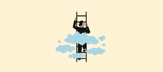 Work life illustration - a person climbing a ladder with clouds around them