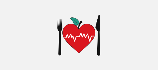 Food for thought illustration - an apple shaped like a heart with fork and knife on each side