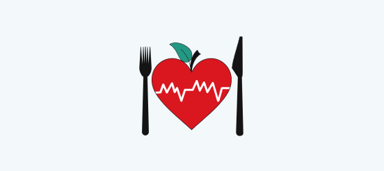Food for thought illustration - an apple shaped like a heart with fork and knife on each side