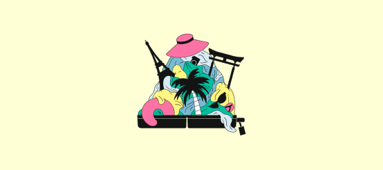 Great Places illustration with hat, palm tree, etc.