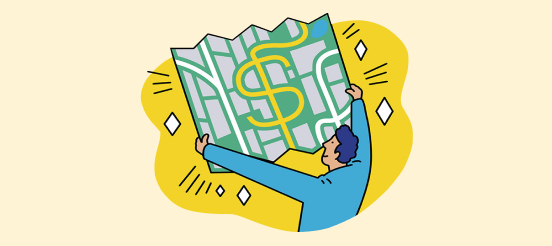 An illustration of someone who is holding up a map with a dollar sign on it