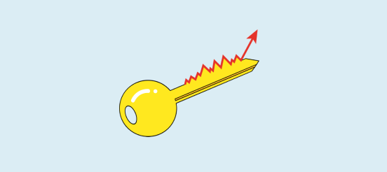trade secrets newsletter image. yellow key with a stock pricing going up