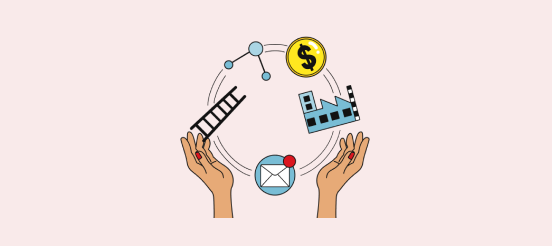 Illustration of a pair of hands juggling different things like work, ladder, email, money