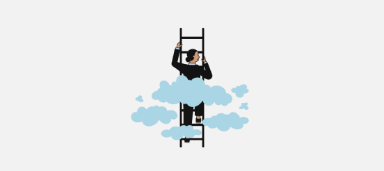 Work life illustration - a person climbing a ladder with clouds around them