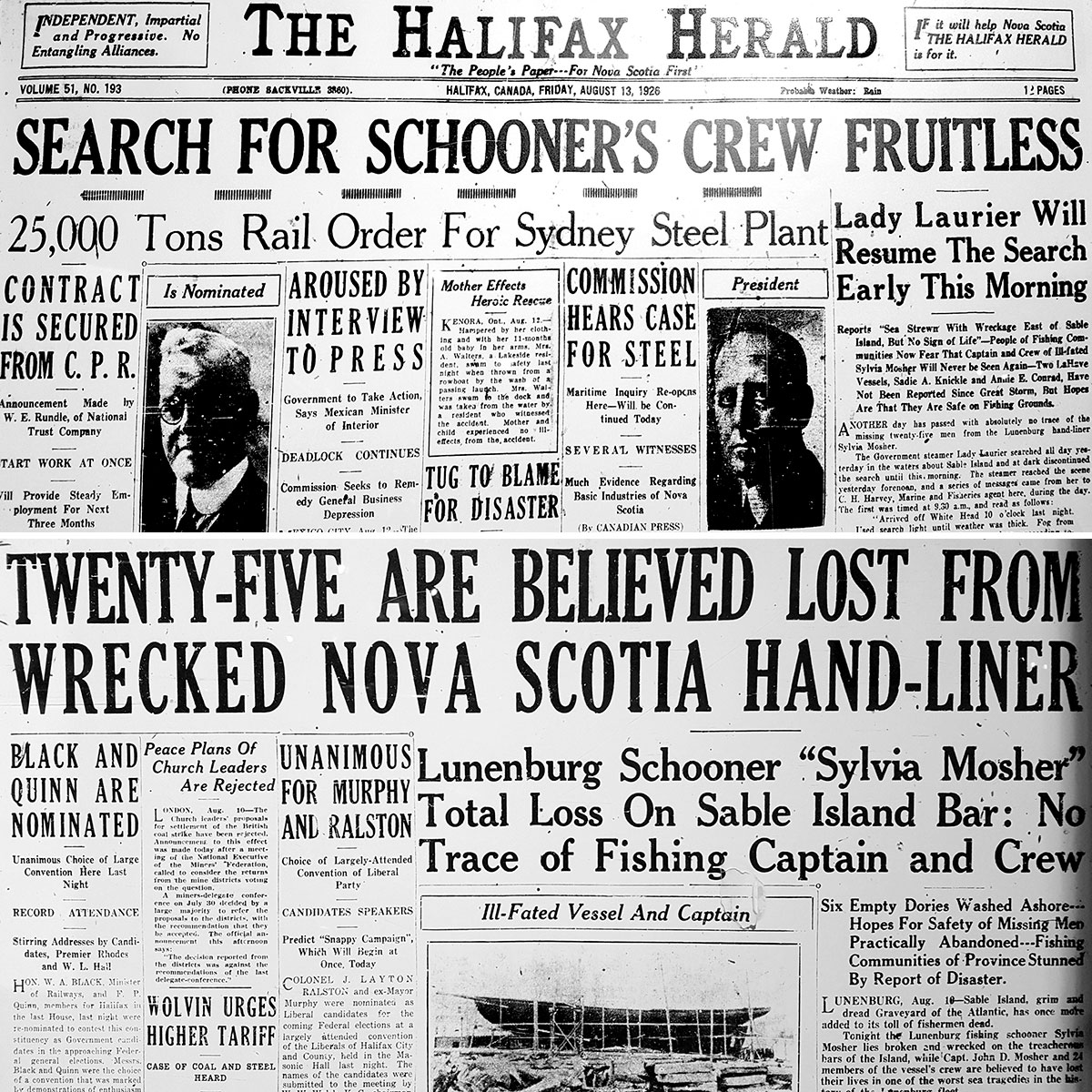 Newspaper headlines from 1926, on display at the Fisheries Museum of the Atlantic, after the “August gales” slammed the coast of Nova Scotia.