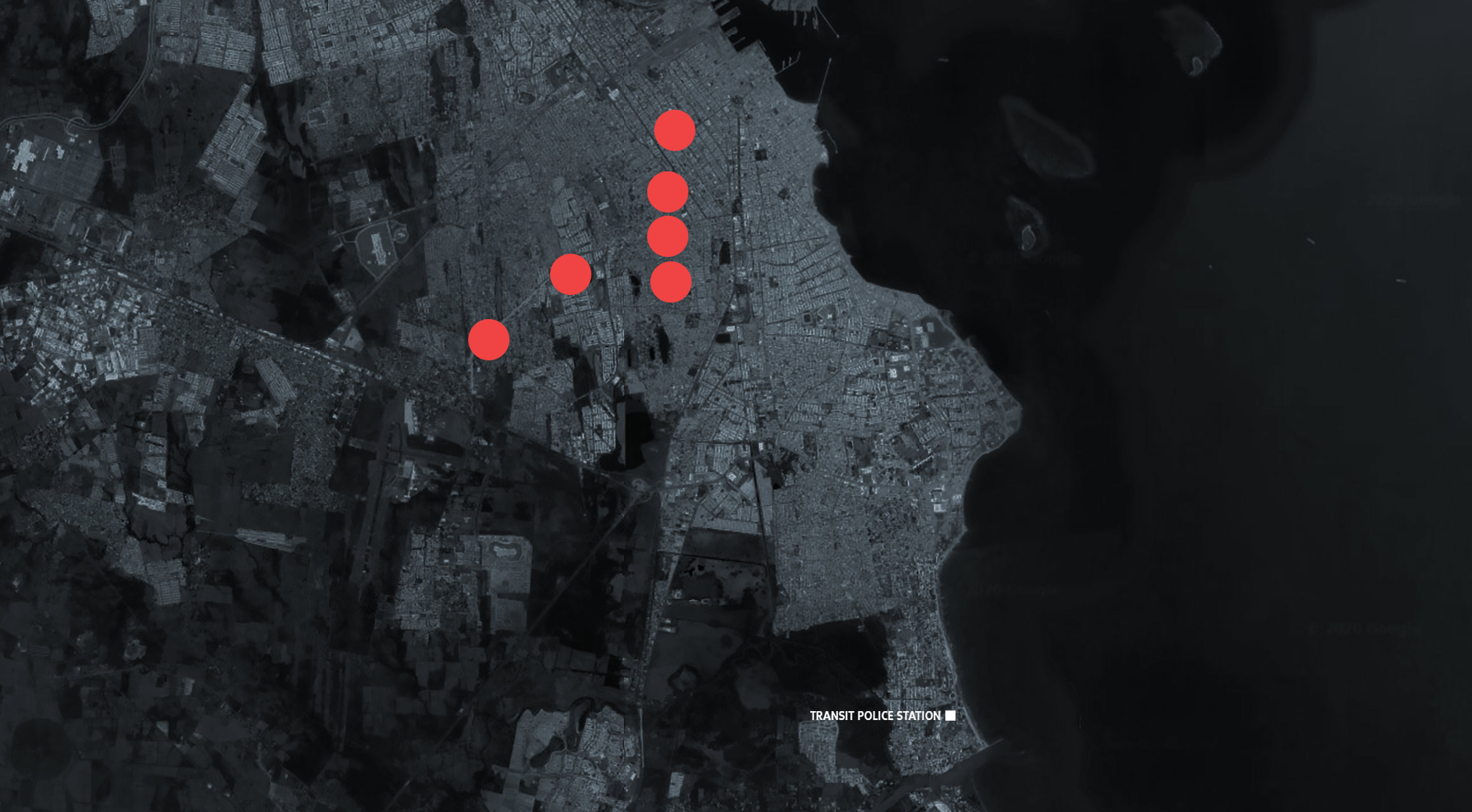 satellite map view of veracruz showing cellphone pings in relation to transit police station
