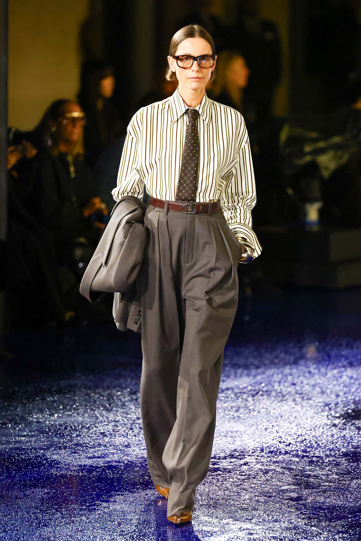 PARIS, FRANCE - SEPTEMBER 24: A model walks the runway during the Saint Laurent Womenswear Spring-Summer 2025 show as part of Paris Fashion Week on September 24, 2024 in Paris, France. (Photo by Marc Piasecki/WireImage)