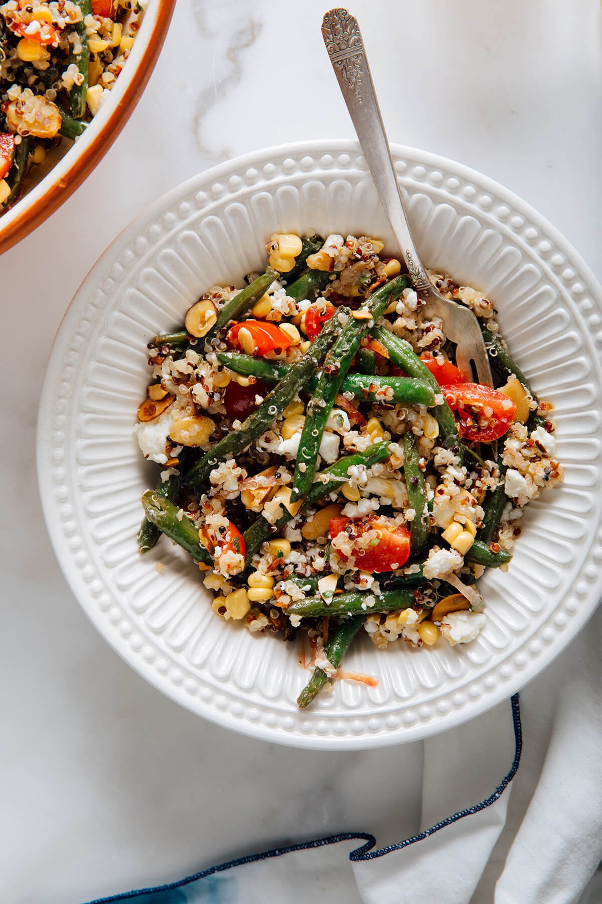 blistered green bean and corn quinoa salad