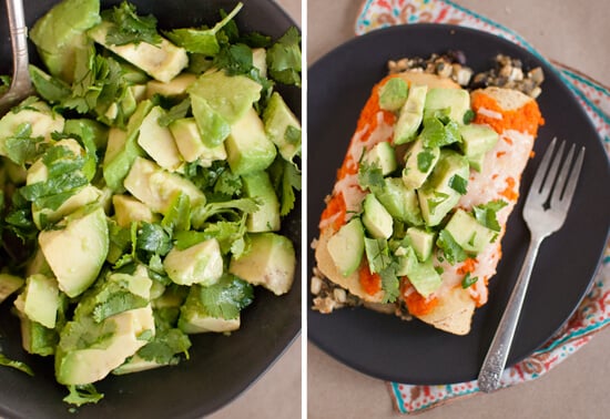 avocado and cilantro on enchiladas