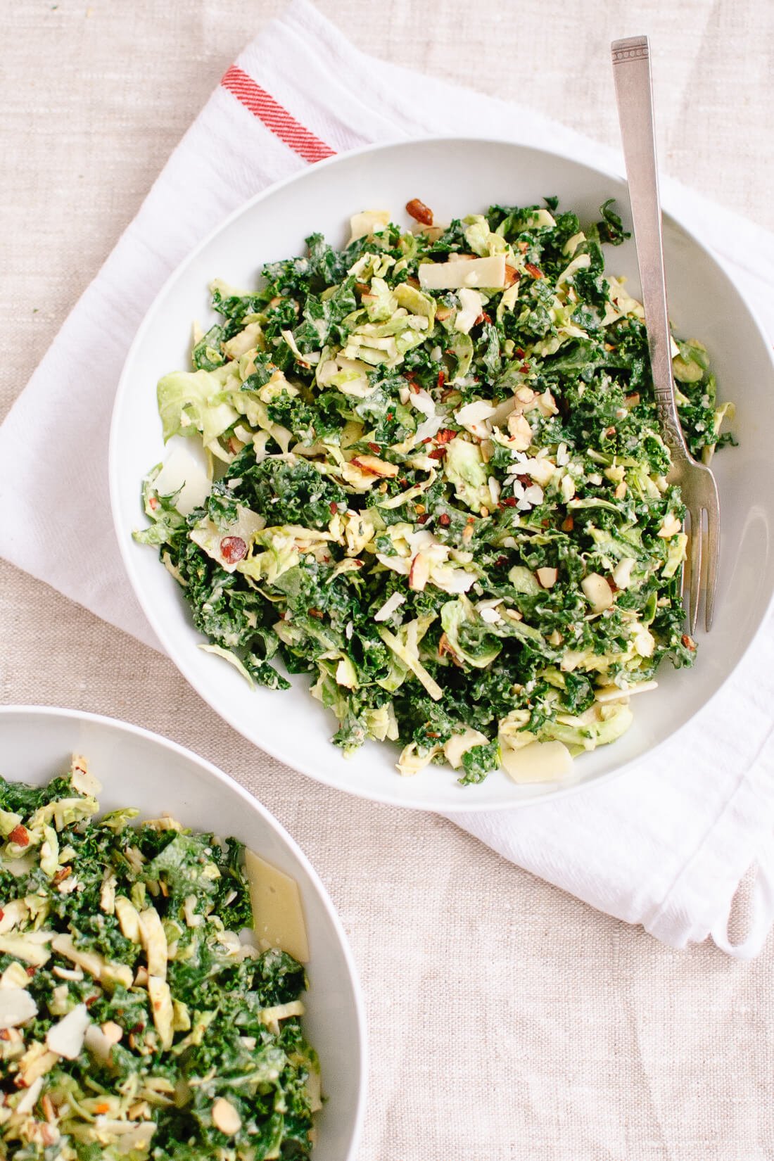 Chopped brussels sprout and kale salad with creamy tahini-maple dressing