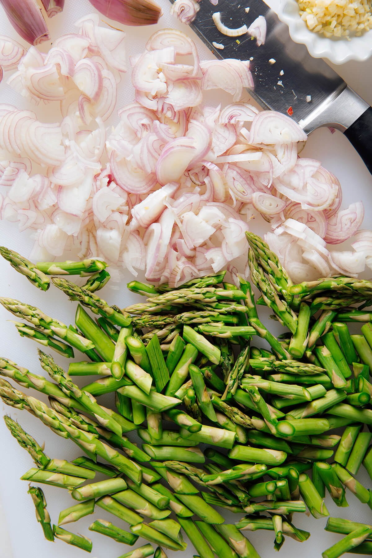 chopped shallot and sliced asparagus