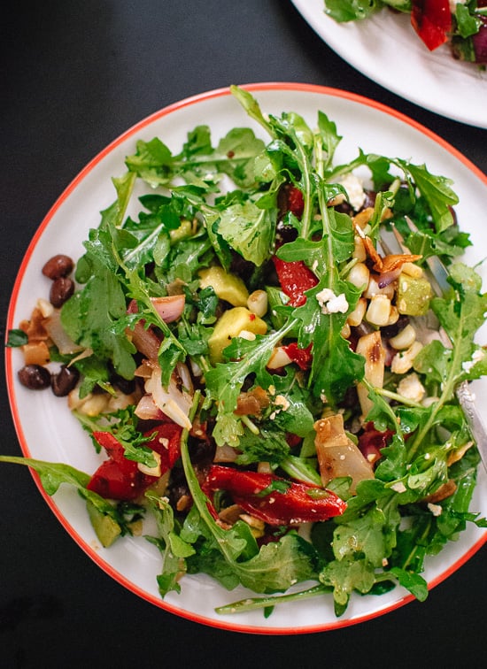 Vegetarian grilled summer salad with fresh arugula, black beans and feta - cookieandkate.com