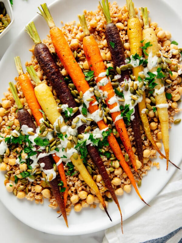 roasted carrots with farro and chickpeas