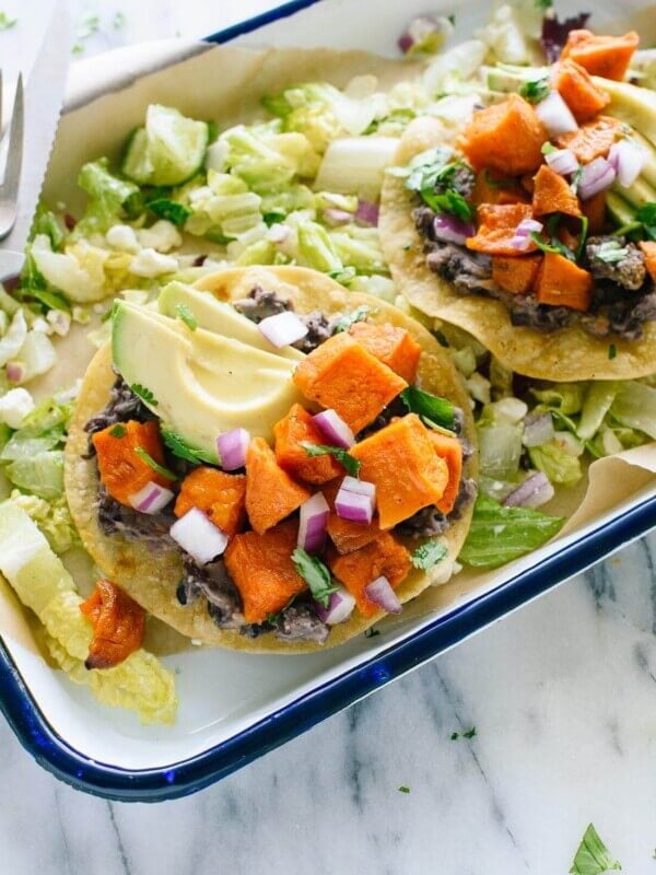 These delicious sweet potato tostadas make a great meatless dinner! Vegetarian, gluten free, and easily vegan.