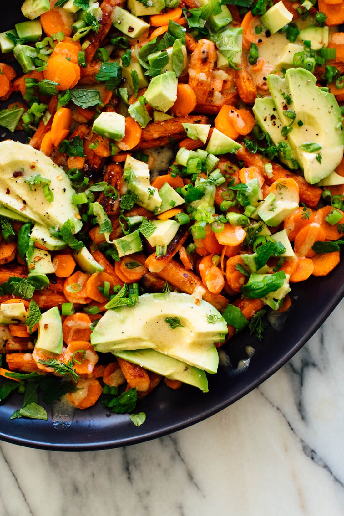 roasted and raw carrot salad with avocado