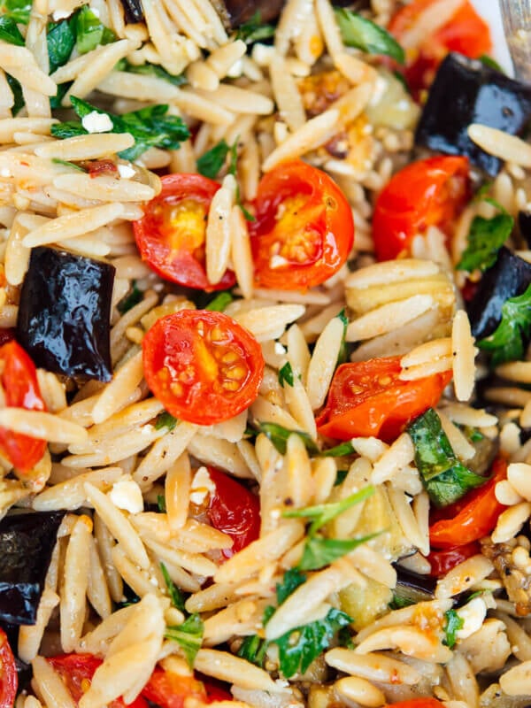 Herbed eggplant, tomato and orzo pasta with feta