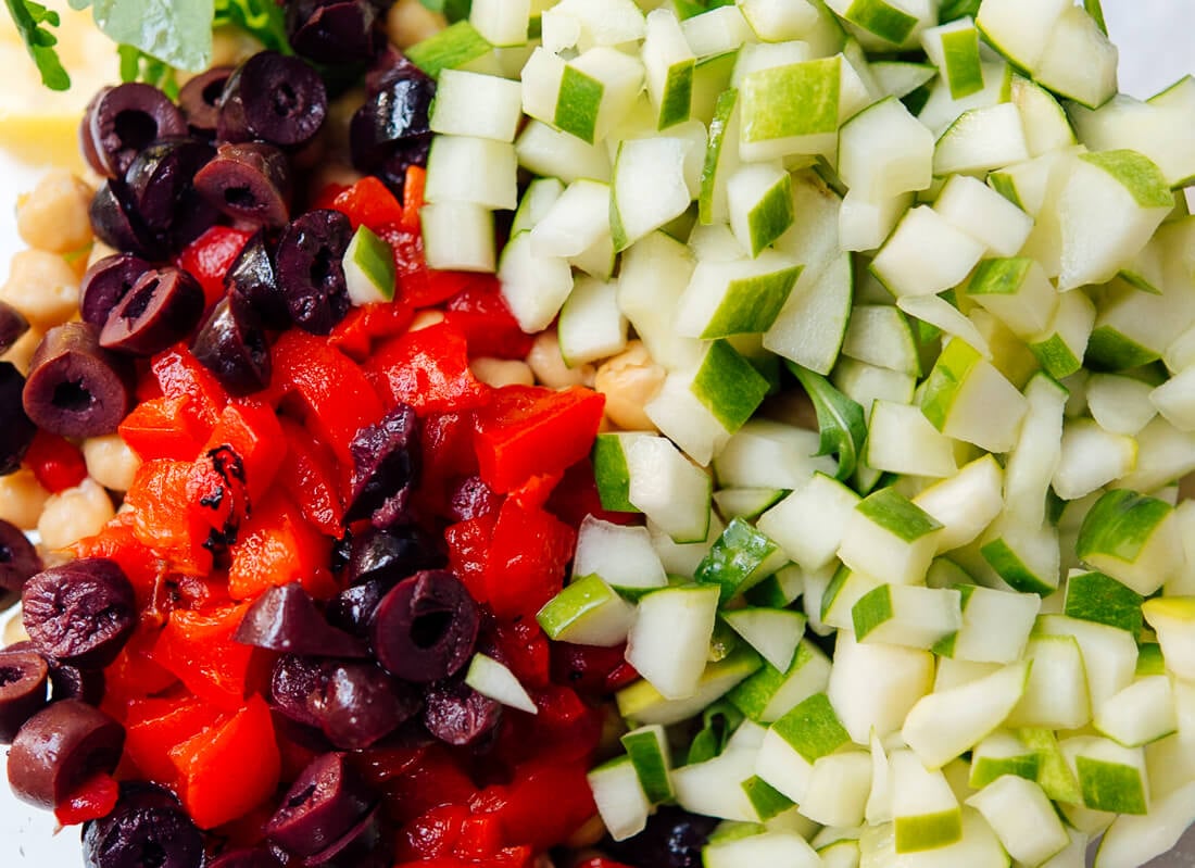 roasted red pepper, olives and cucumber