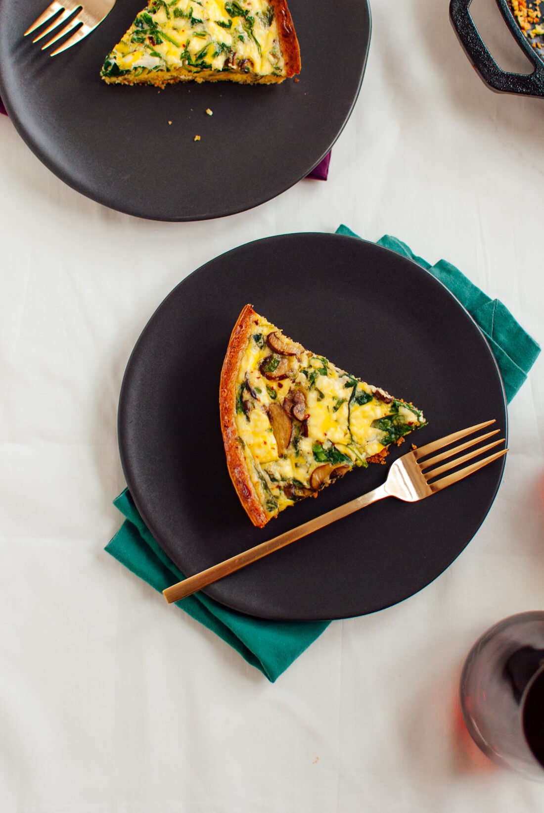 Arugula and cremini quiche with-gluten-free almond meal crust