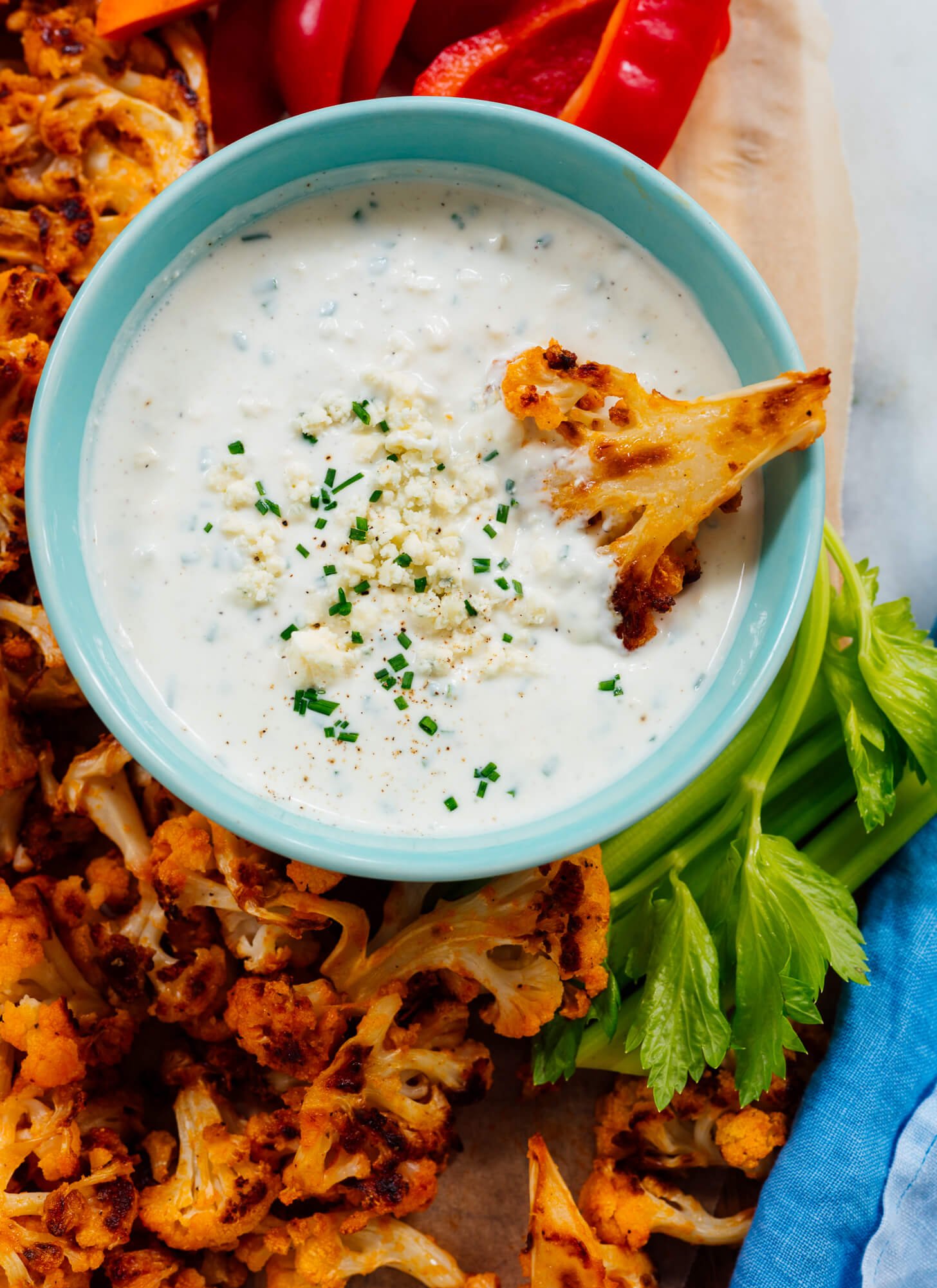 buffalo cauliflower with blue cheese dip