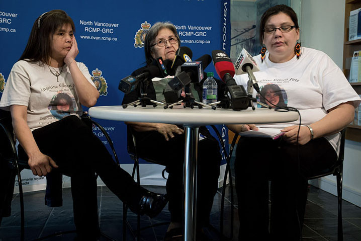 From left to right, Angeline’s mother, Molly Dixon, her grandmother, Eileen Nelson, and her aunt, Cary-Lee Calder, at a news conference in 2014. (Darryl Dyck for The Globe and Mail)