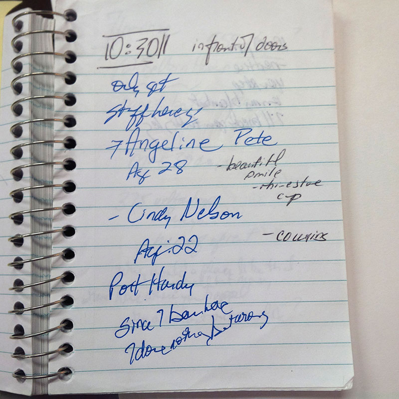 Wendy Stueck’s notebook from the night she met Angeline. (Wendy Stueck/The Globe and Mail)