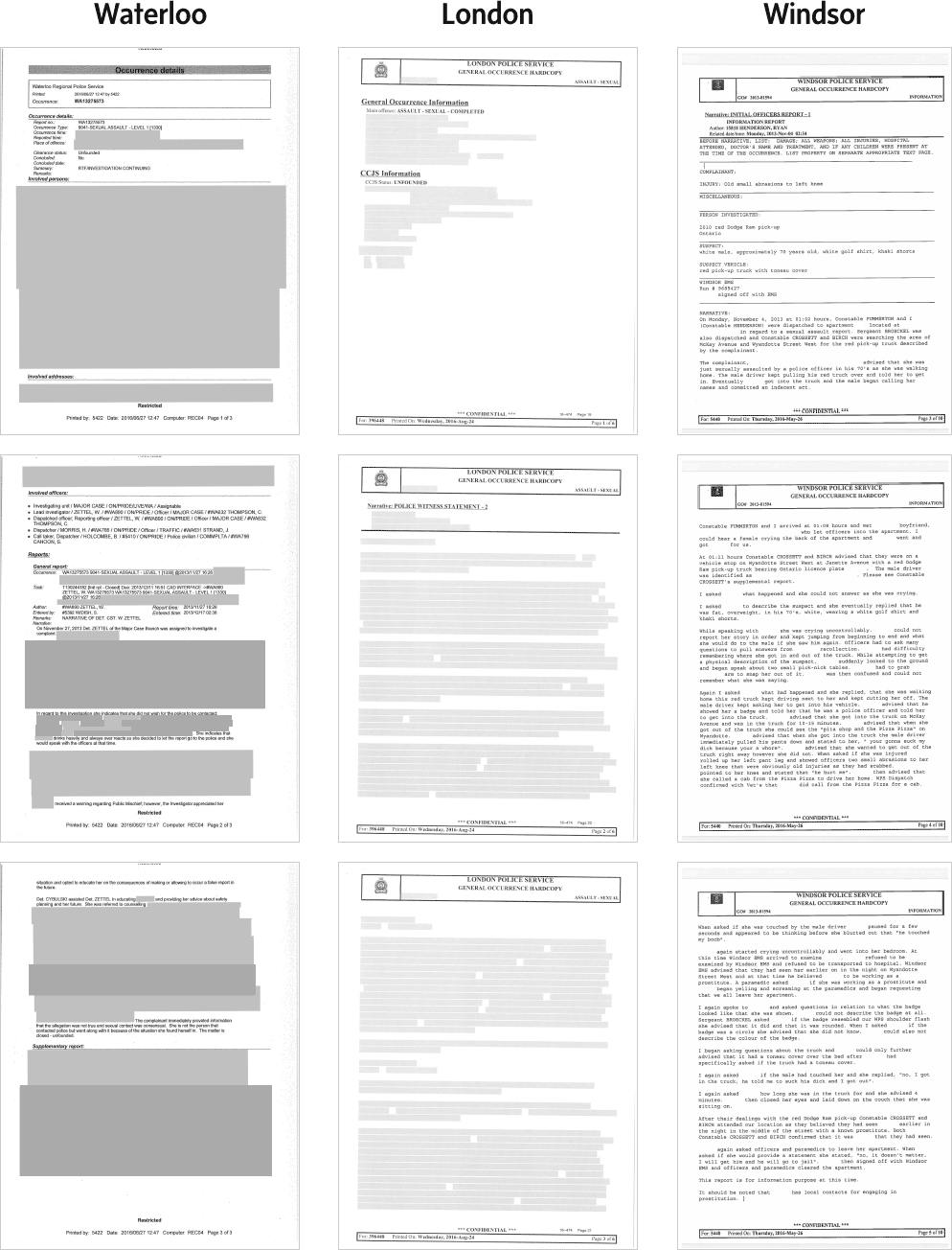 Parts of the responses from Waterloo, London and Windsor, Ont. to The Globe’s request for unfounded files.