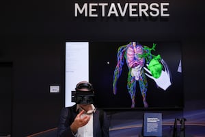 A person wears Varjo's human-eye resolution VR headset to learn human anatomy at the Varjo's Metaverse stand during the Mobile World Congress (MWC) in Barcelona, Spain February 27, 2023. REUTERS/Nacho Doce