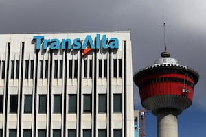 The TransAlta logo is seen at their headquarters in Calgary on April 17, 2019.