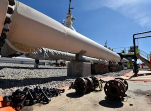 Fresh nuts, bolts and fittings are ready to be added to the east leg of the pipeline near St. Ignace as Enbridge prepares to test the east and west sides of the Line 5 pipeline under the Straits of Mackinac in Mackinaw City, Mich. on June 8, 2017.