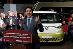 Canada's Prime Minister Justin Trudeau attends a news conference to announce details on the construction of a gigafactory for electric vehicle battery production by Volkswagen Group's battery company PowerCo SE in St. Thomas, Ontario, Canada April 21, 2023.  REUTERS/Carlos Osorio