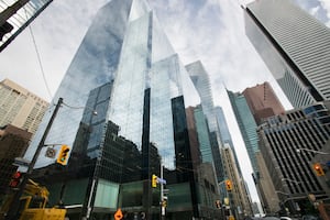 Office buildings in Toronto’s Financial District are photographed on along Adelaide St. West on Sept 28, 2023. (Fred Lum/The Globe and Mail)