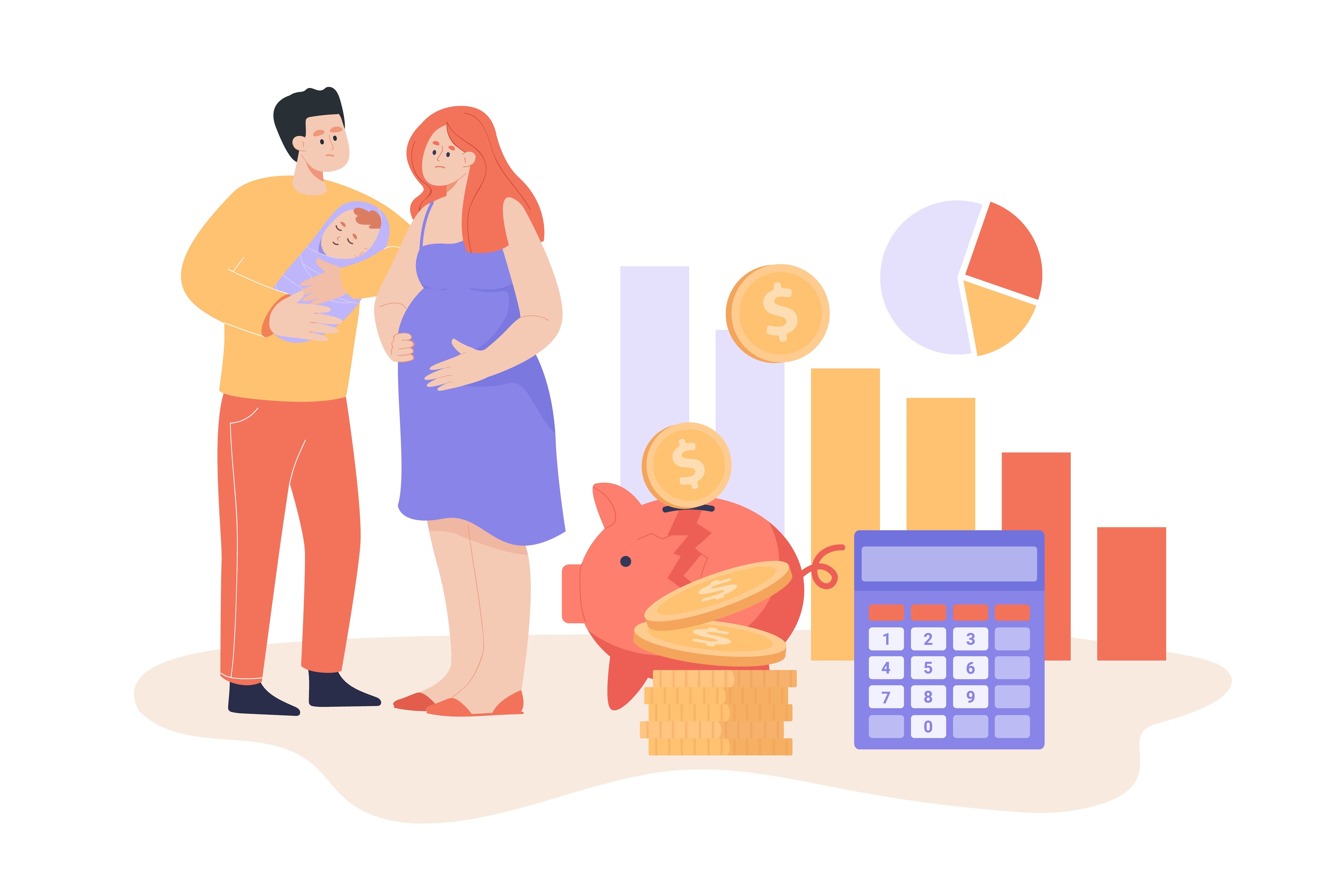 A depiction of a young family alongside images of household budgeting items.