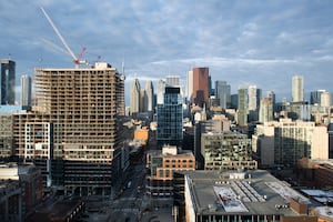 The early morning view looking west from 351 King St. East towards the office towers in Toronto’s Financial District on Dec 2, 2022.