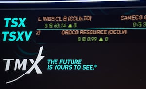 The S&P/TSX composite index screen at the TMX Market Centre in downtown Toronto is photographed on Friday, November 11, 2022.