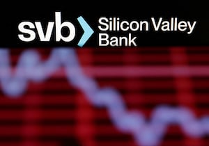 FILE PHOTO: SVB (Silicon Valley Bank) logo and decreasing stock graph are seen in this illustration taken March 19, 2023. REUTERS/Dado Ruvic/Illustration/File Photo