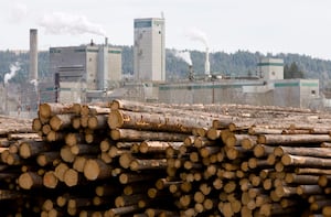 Logs are piled up at West Fraser Timber in Quesnel, B.C., on April 21, 2009.