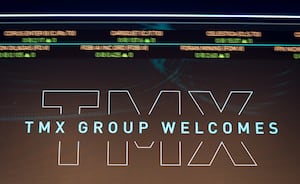 The S&P TSX composite index screen at the TMX Market Centre in downtown Toronto is photographed on Friday, November 11, 2022.