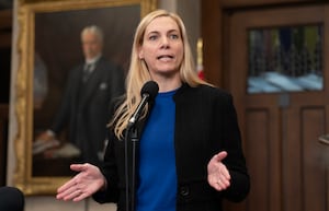 Minister of Canadian Heritage Pascale St-Onge speaks with media in the Foyer of the House of Commons about funding for the CBC, in Ottawa, Monday, Dec. 4, 2023.  THE CANADIAN PRESS/Adrian Wyld
