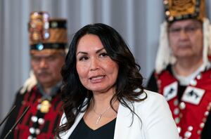 Haisla Nation Chief Councillor Crystal Smith during a press conference announcing that the Cedar LNG project has been given environmental approval in Vancouver, Tuesday March 14, 2023. THE CANADIAN PRESS/Rich Lam