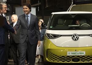 Prime Minister Justin Trudeau arrives to make an announcement on a Volkswagen electric vehicle battery plant at the Elgin County Railway Museum in St. Thomas, Ont., Friday, April 21, 2023. THE CANADIAN PRESS/Tara Walton