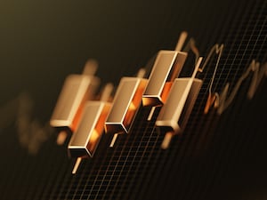 Business gold candlestick investment stock exchange wealth financial concept on 3d golden trade market background of growth finance chart success commercial graph diagram or savings trading value.