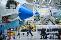 Jet planes are assembled at Bombardier's aircraft assembly centre in Mississauga, Ont., on Monday, Dec. 8, 2025. T