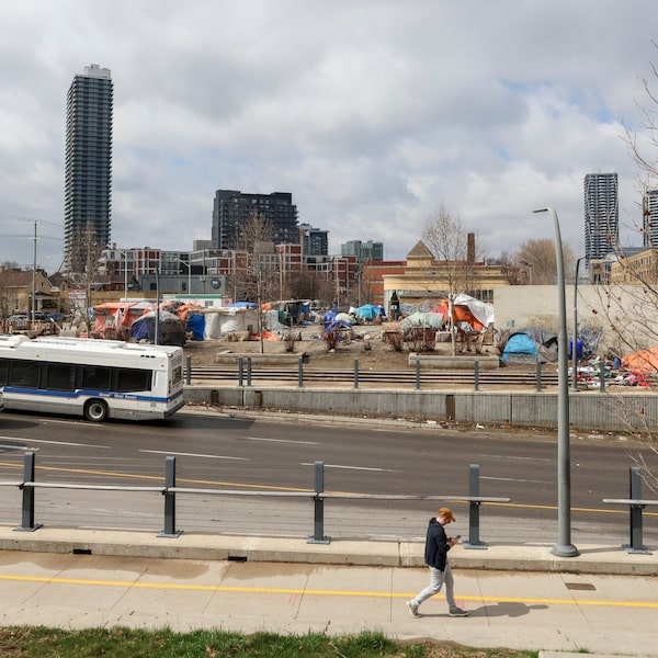 A homeless encampment at 100 Victoria Street North in Kitchener, Ont., in April, 2026.