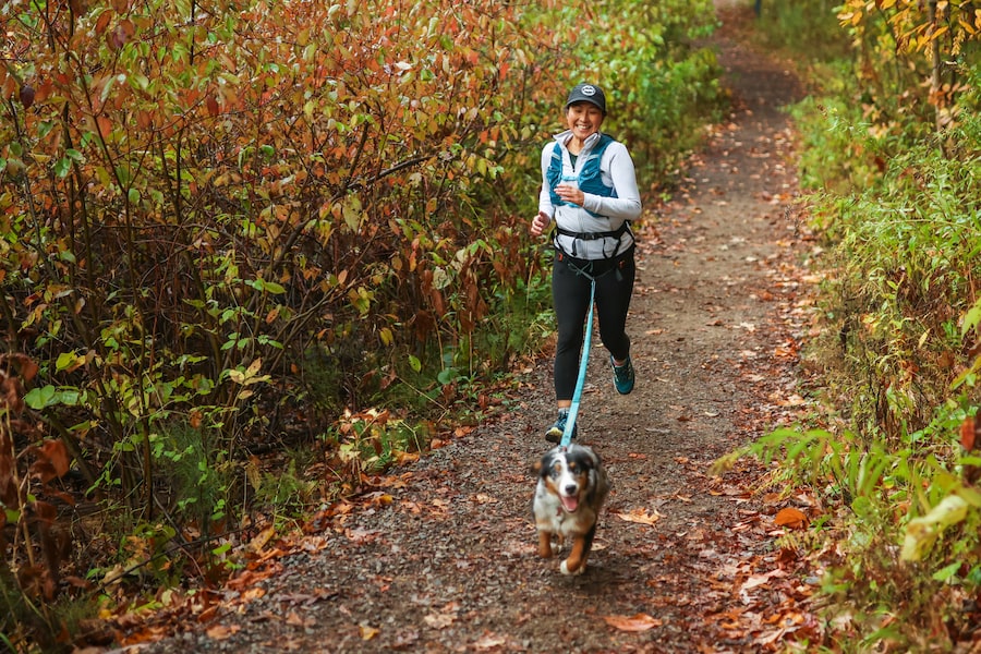 Yuka Koreeda and her dog, Jasmine, take part in a canicross morning run in Hamilton, Ont, in October. Canicross is a sport where a human and dog run together as a team, connected by a bungee leash, with the dog pulling the human. 