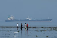 FILE PHOTO: Tourists watch marine life, with the MT Desert Kite oil tanker carrying Russian oil in the background, at Narara Marine National Park in the Arabian Sea, Gujarat, India March 11 , 2026. REUTERS/Amit Dave/File Photo