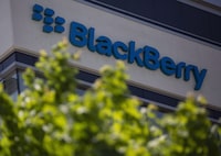 The BlackBerry logo located in the front of the company's B building in Waterloo, Ont. on Tuesday, May 29, 2018. THE CANADIAN PRESS/Andrew Ryan