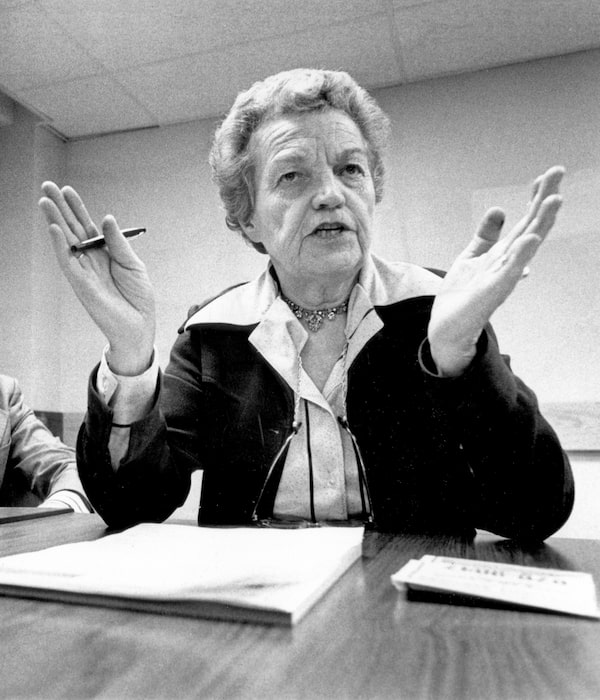 NOVEMBER 8, 1977 -- MISSISSAUGA POLITICIAN -- Councillor Hazel McCallion, former mayor of Streetsville, Ontario and currently member of the Mississauga and Peel Regional Councils, November 8, 1977. Mrs. McCallion began her political career in 1964 when she was named as a new member of the Streetsville Planning Board; she served as Chair of the Board in 1966 and again in 1968.†Later that same year, she became Deputy Reeve of Streetsville. She was appointed Reeve, and then elected as Mayor of Streetsville in 1970, serving until December, 1973. When the Region of Peel was established in 1974, Mrs. McCallion was elected to the Mississauga and Peel Regional Councils. She served two terms as a Councillor prior to her mayoral campaign in 1978. By the time she was elected Mayor on November 13, 1978, she had sat on virtually every committee at the Region of Peel and the City of Mississauga. Photo by Barrie Davis / The Globe and Mail.

Originally published Nov. 4, 1978, page A11.