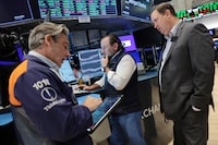 NEW YORK, NEW YORK - APRIL 17: Traders work on the floor of the New York Stock Exchange during morning trading on April 17, 2026 in New York City. All three major indexes surged at opening, with the Dow Jones leading the way, opening over 700 points after Iran declared the Strait of Hormuz “completely open” after the ceasefire agreement between Lebanon and Israel. (Photo by Michael M. Santiago/Getty Images)