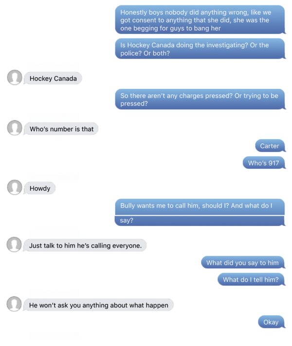 Reproduction of text messages between Carter Hart, in blue, and members of Canada’s world junior hockey team discussing what happened in a hotel room when a woman was allegedly sexually assaulted on June 19, 2018.