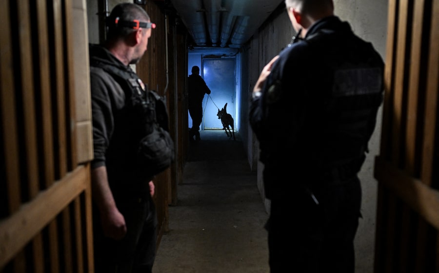 A police canine unit checks for drugs in Chenove last year, part of a co-ordinated sweep in several French cities that led to hundreds of arrests. Cannabis and cocaine made up most of the seized contraband; large-scale fentanyl busts like those in North America are rare in Europe.